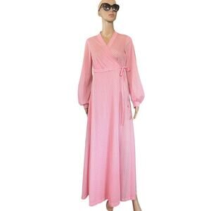 Vintage 60s Miss Elaine Robe S White Pink Gingham Balloon Sleeve Sheer Cover Up